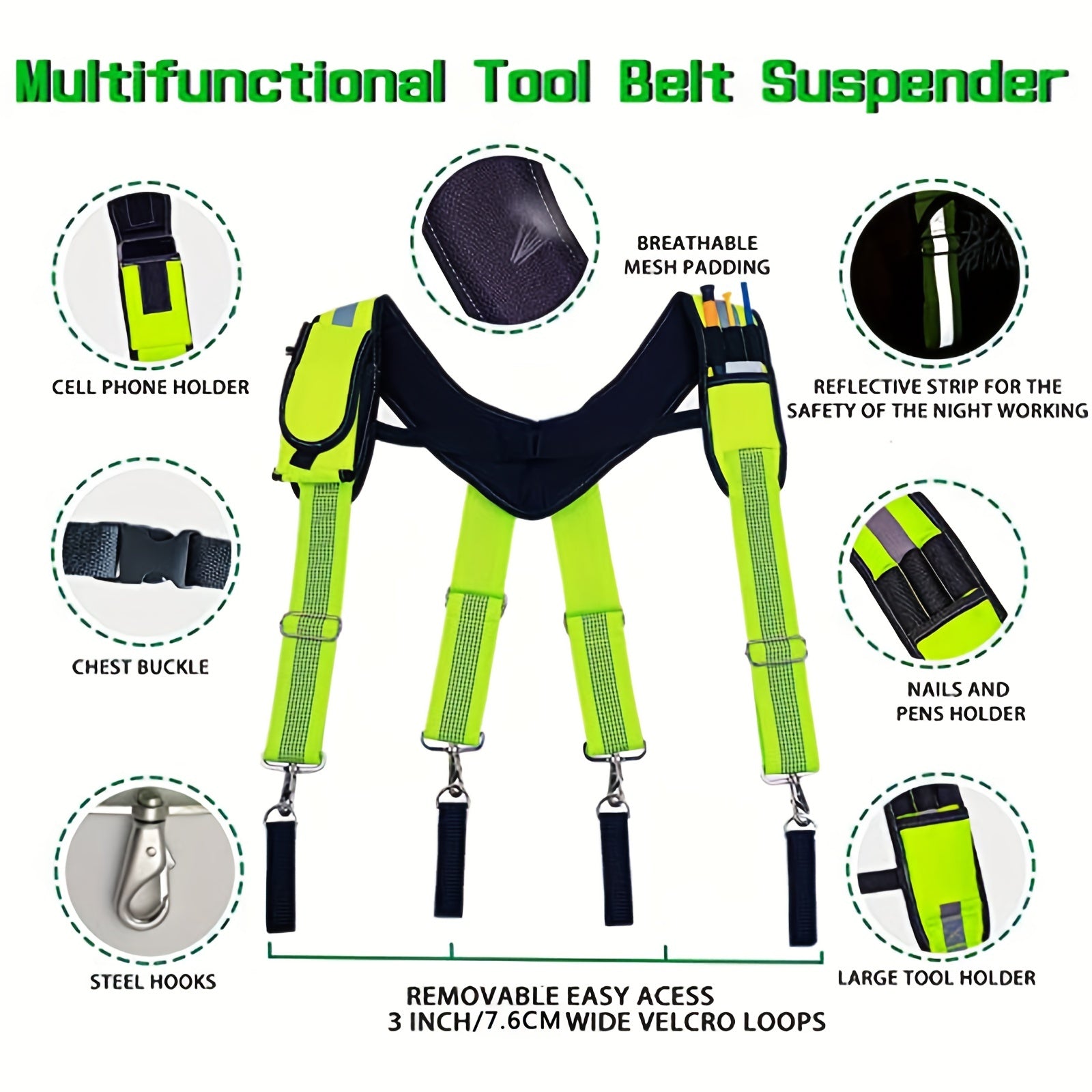 Tool Belt Suspenders for Carpenter with Phone Holder Pencil