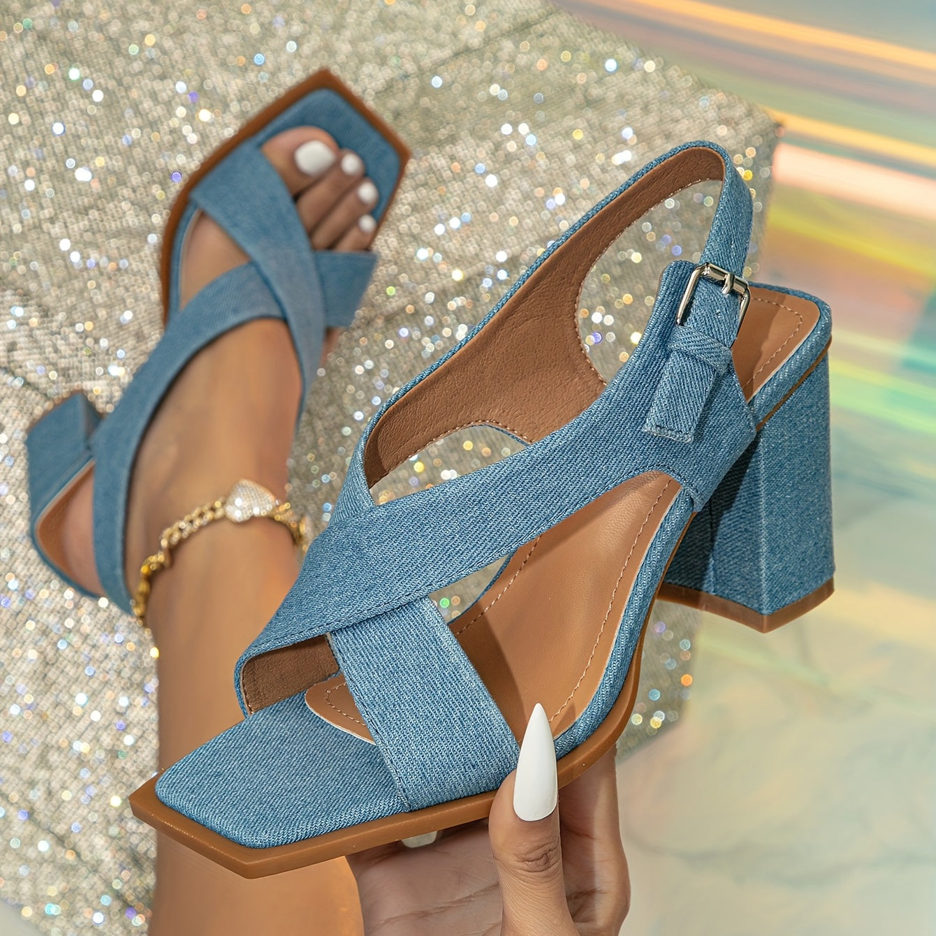 Women's Denim Heeled Sandals Square Open Toe Slingback Sandals