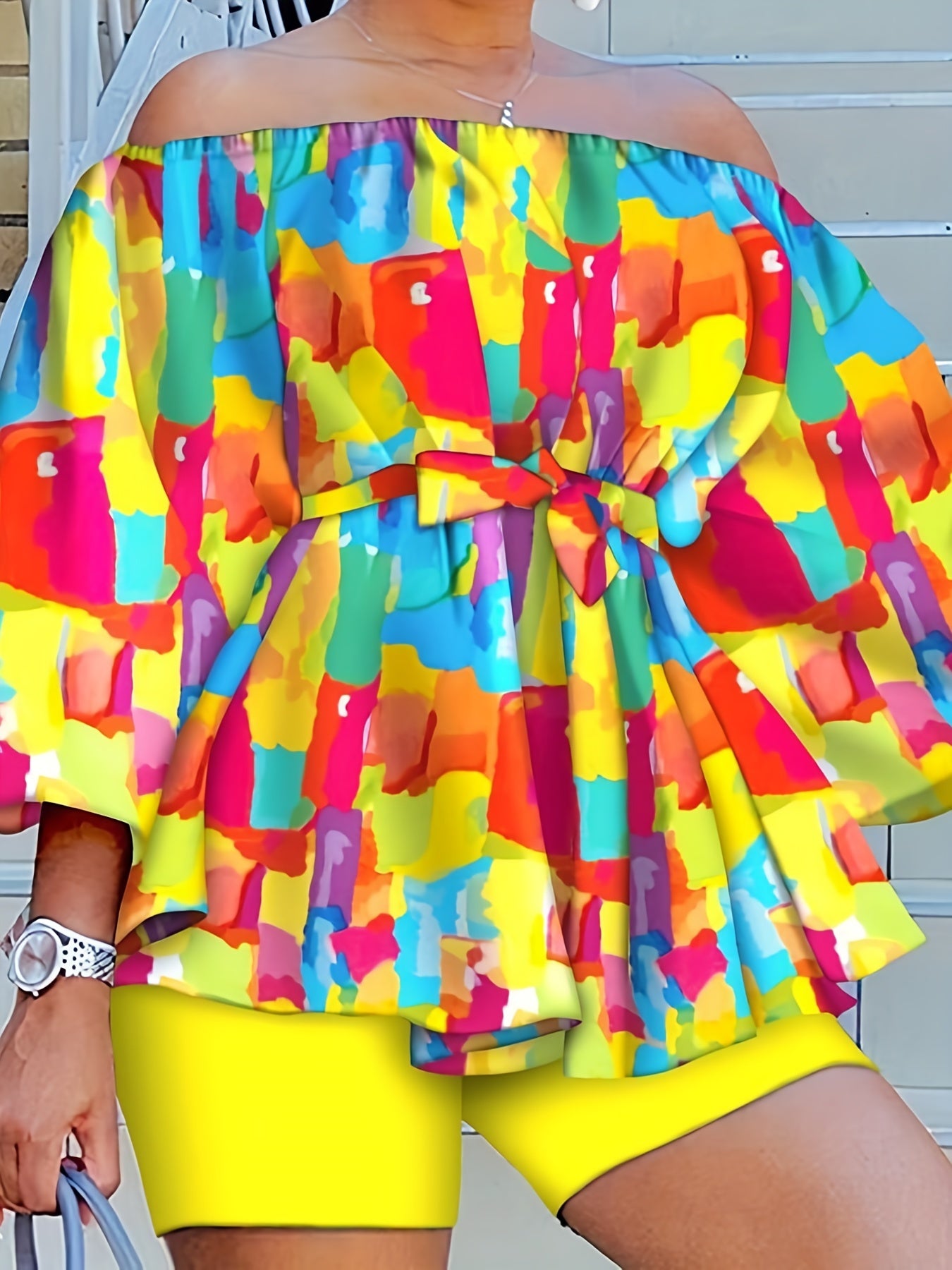 Funny Print Off Shoulder Top & Shorts Two Piece Set