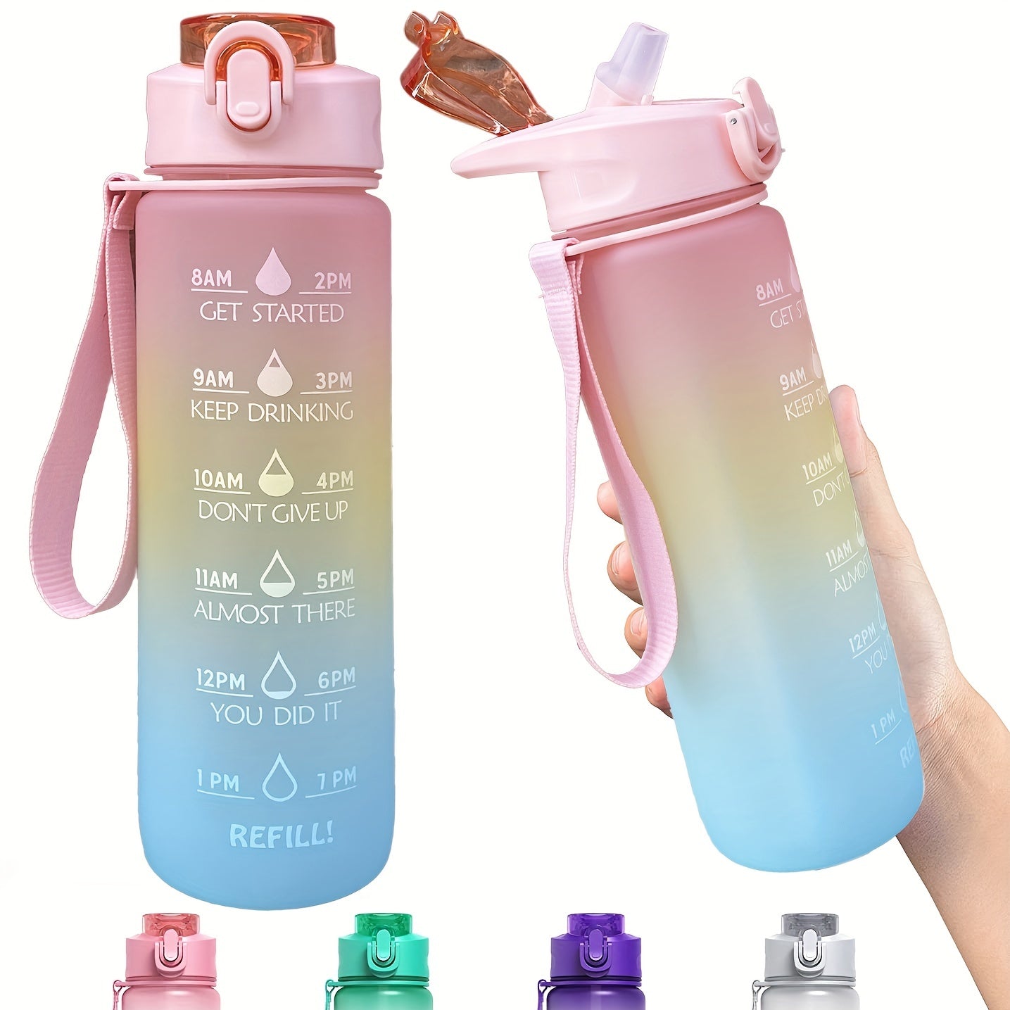 32 oz Rainbow Straw Cup with Time Mark, BPA-Free, Leak-proof