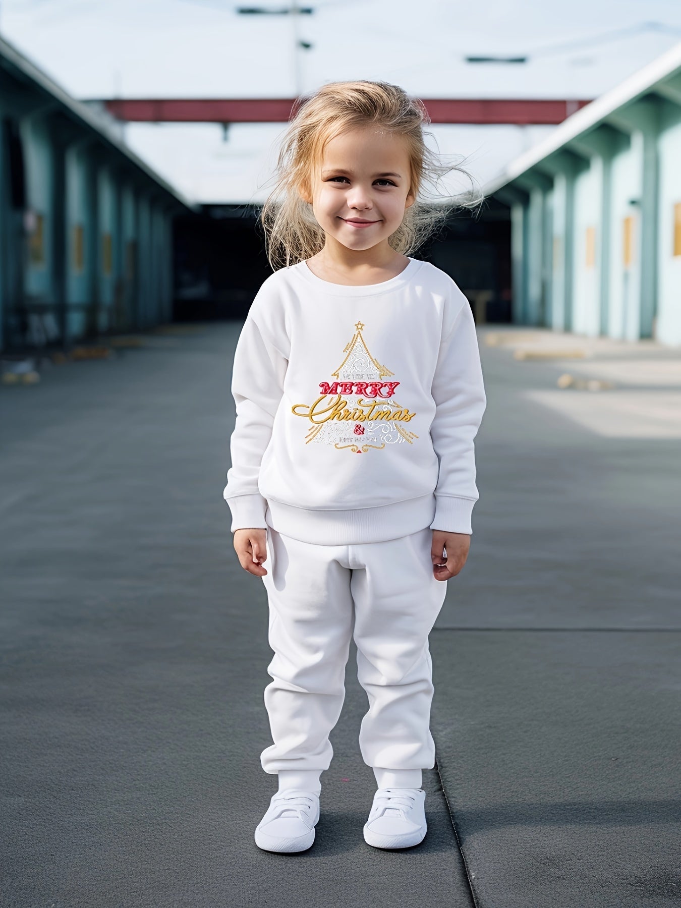Cartoon Christmas Tree Crew Neck Sweatshirt & Sweatpants Set for Girls