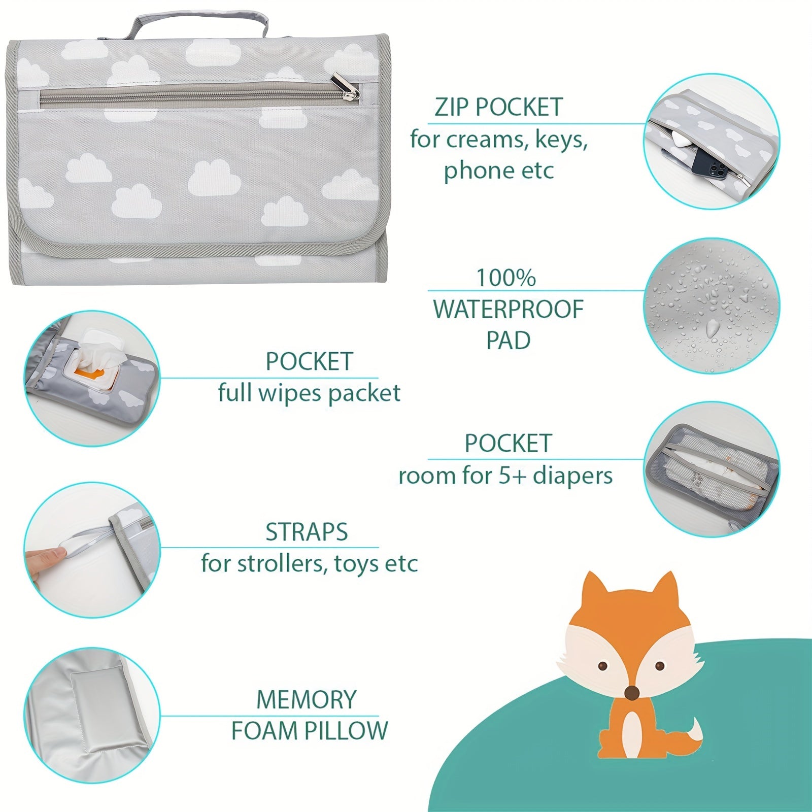Clouds Pattern Baby Changing Pad Portable One Hand Diaper Change