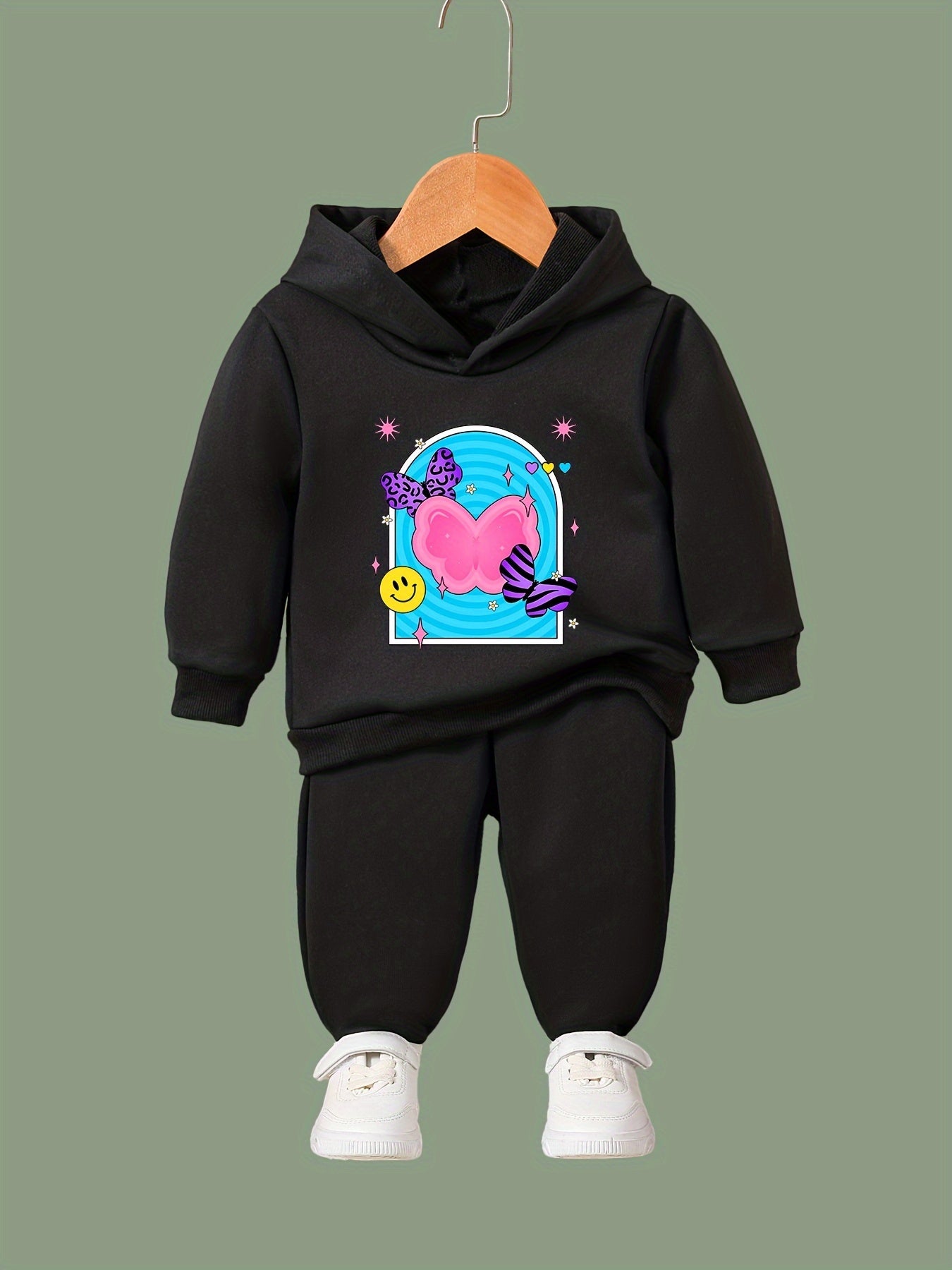 Butterfly Happy Face Long Sleeve Hooded Sweatshirt Girls