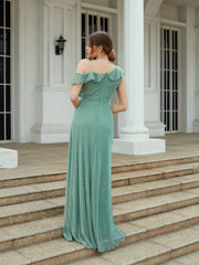 One Shoulder Ruffle Trim Bridesmaid Dress Maxi for Wedding Party