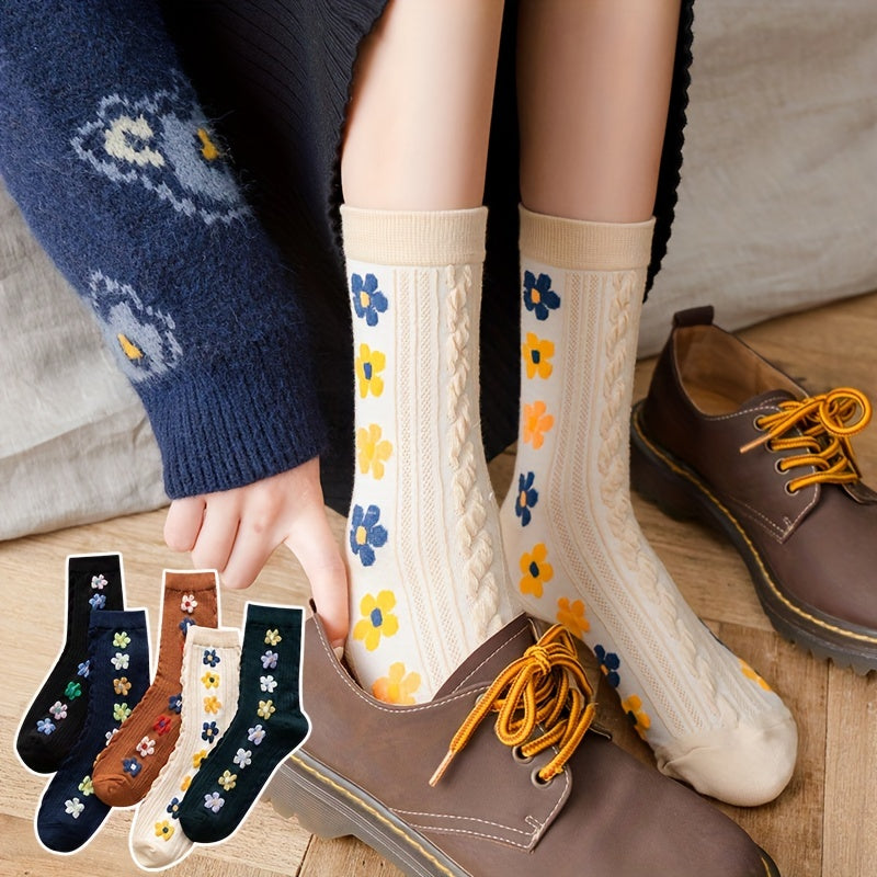 5 Pairs Floral Print Mid Tube Socks Women's Stockings