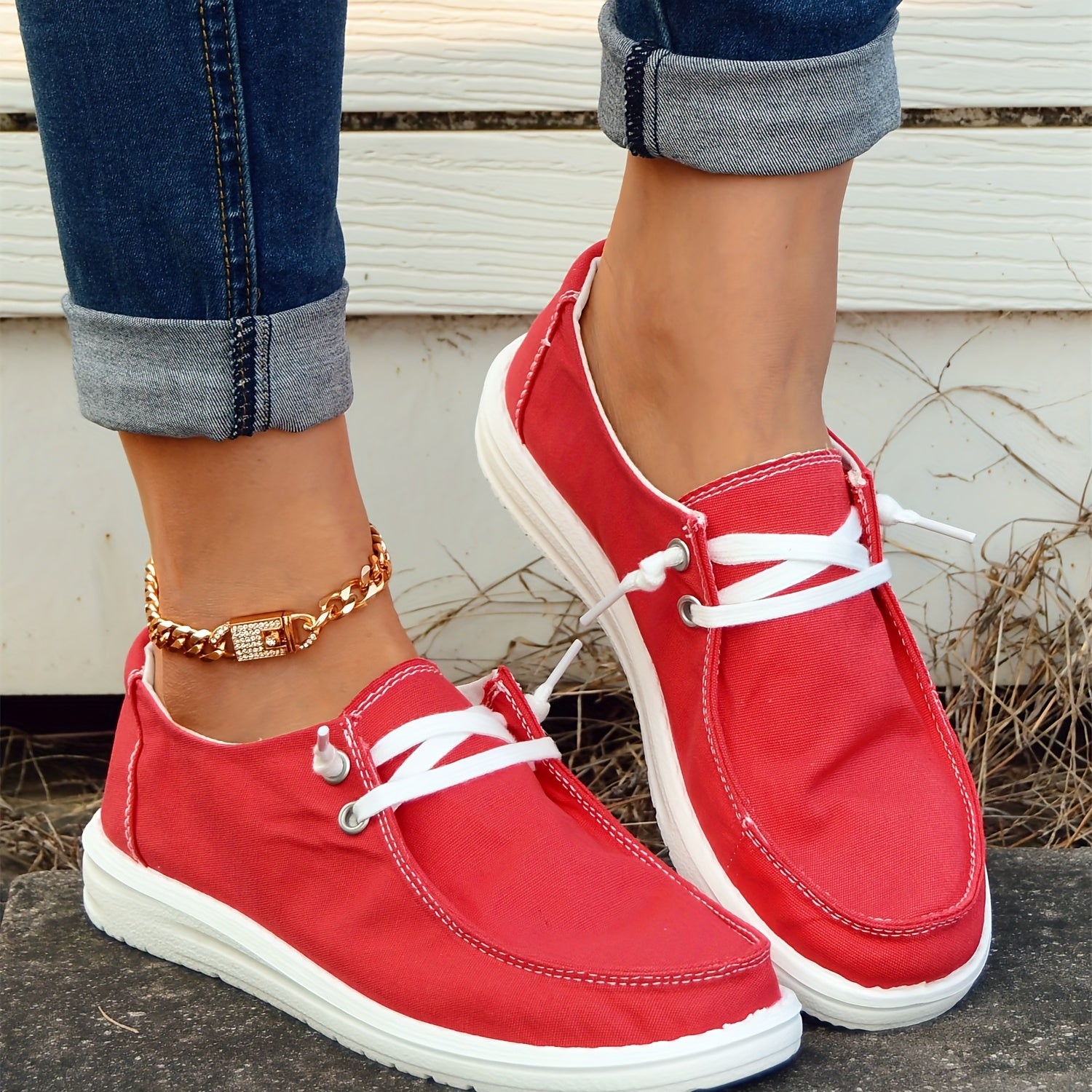Women's Red Boat Shoes Lace up Comfortable Flat Canvas Shoes
