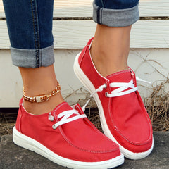 Women's Red Boat Shoes Lace up Comfortable Flat Canvas Shoes