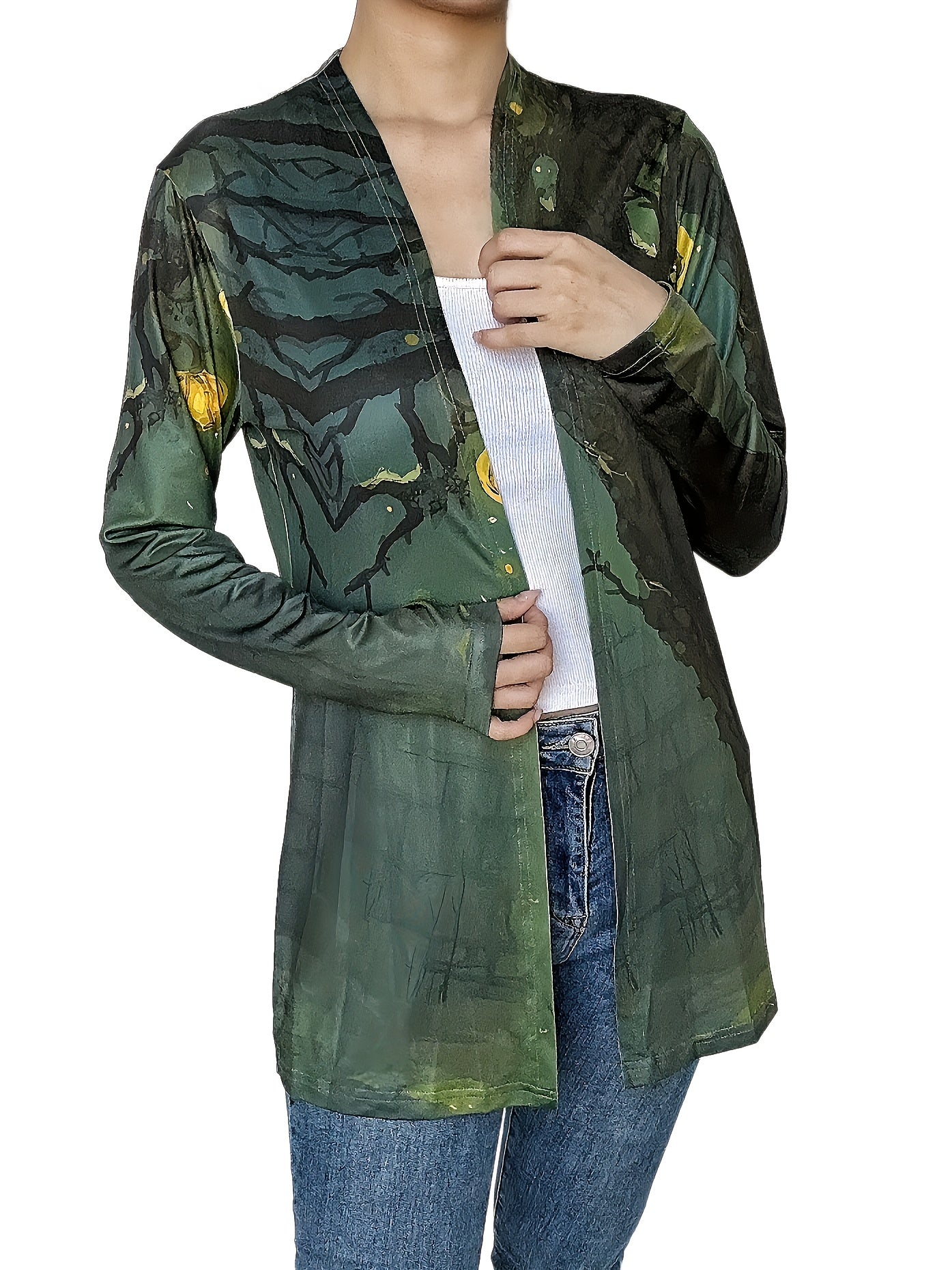 Casual Painting Print Open Front Cardigan