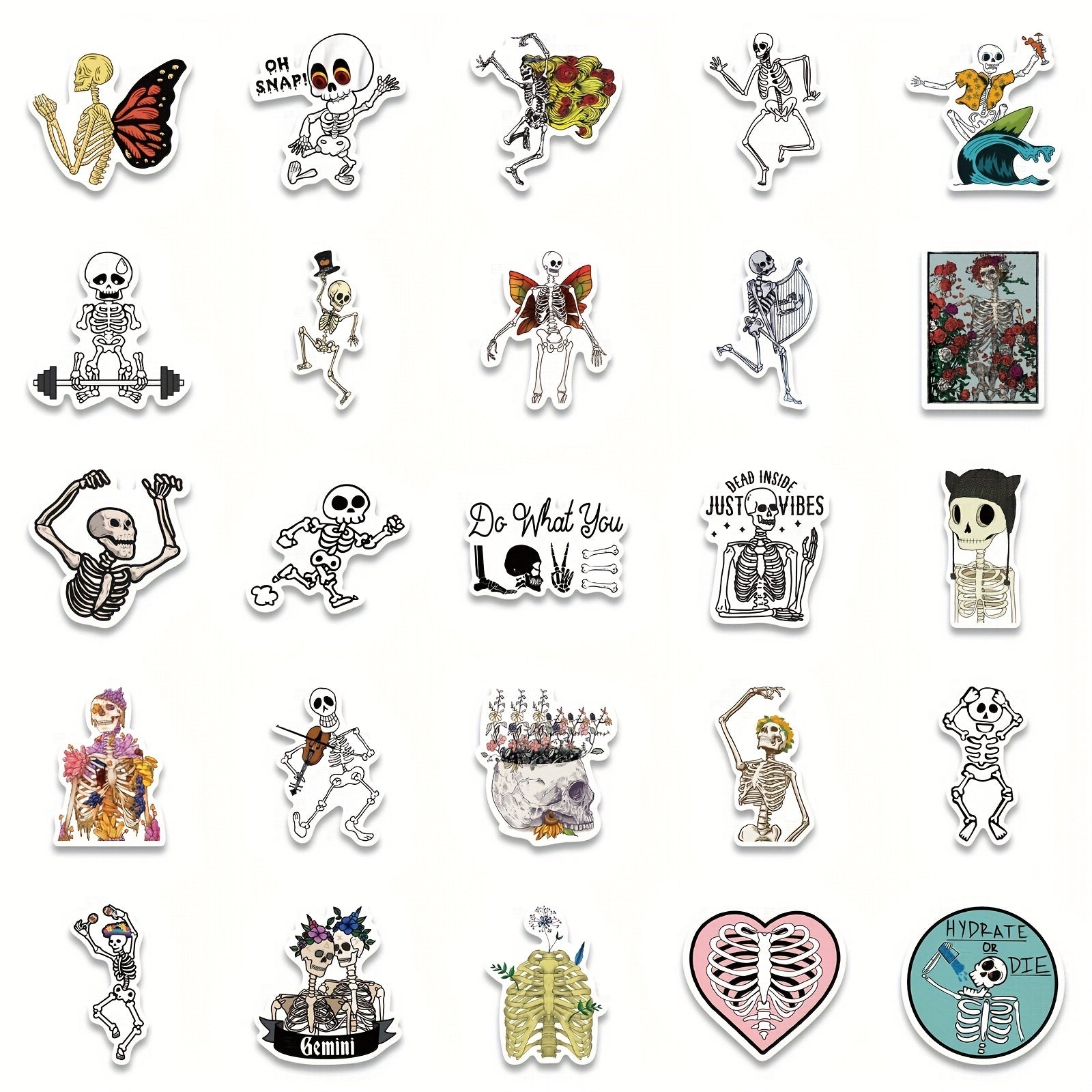 50pcs Funny Skeleton Stickers Pack Waterproof Vinyl Skull Stickers