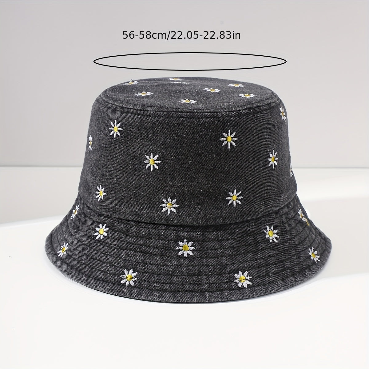 Daisy Embroidery Bucket Hat Distressed Foldable Basin Hat