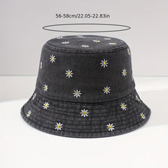 Daisy Embroidery Bucket Hat Distressed Foldable Basin Hat