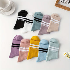 10 Pairs Letter Print Striped Socks Mid Tube Women's Stockings