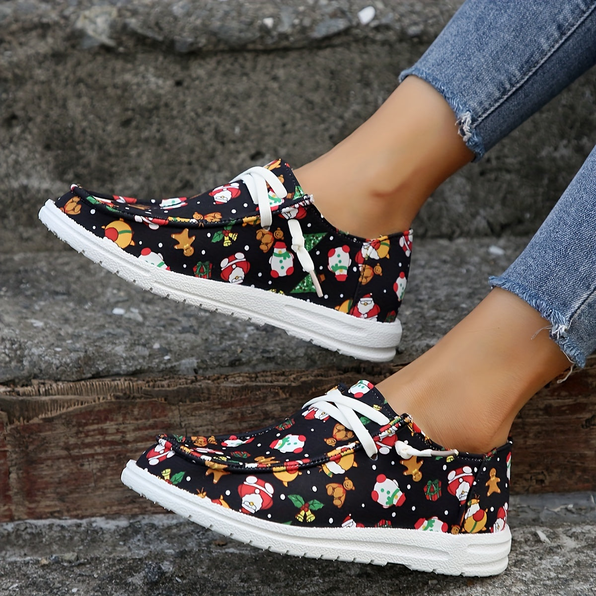 Women's Christmas Printed Lace up Non slip Sneakers Low Slip On Walking Shoes