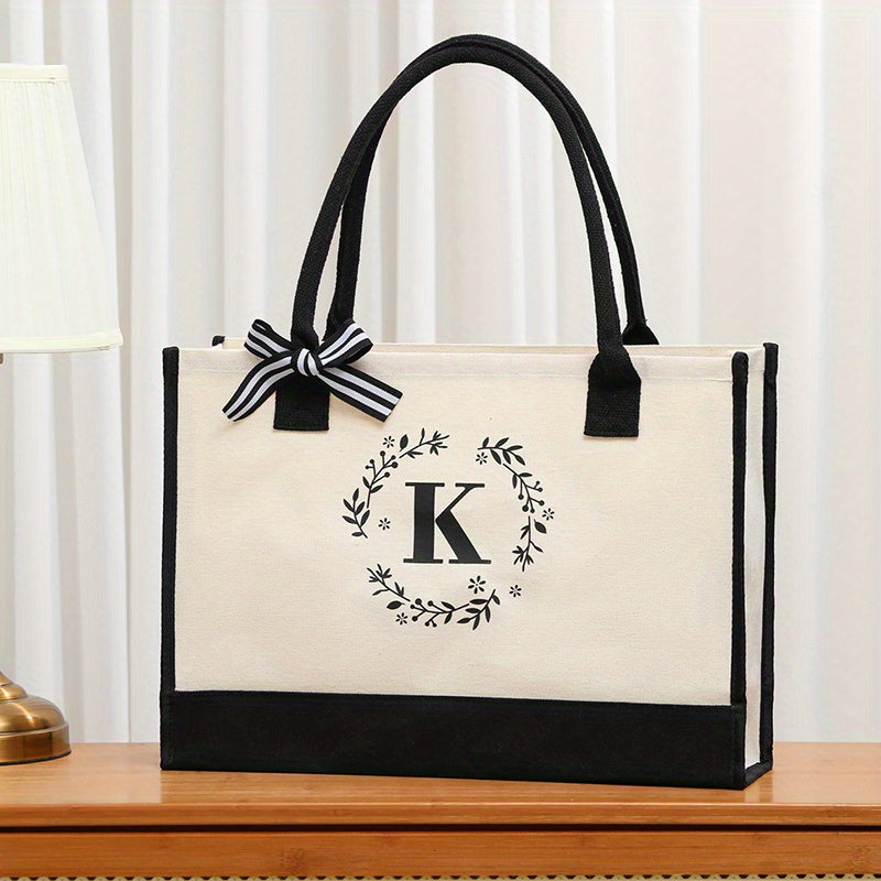 Letter Plant Print Tote Bag Large Capacity Shopping Bag