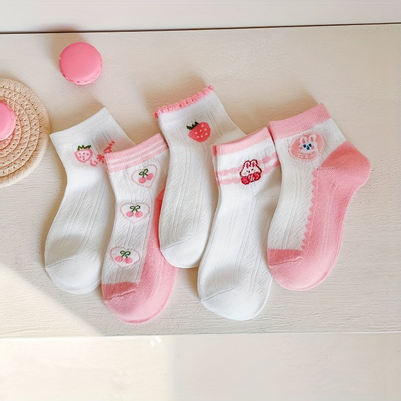 5 Pairs Girls Casual Rabbit Strawberry Print Socks for Summer and Spring