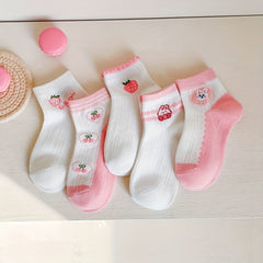 5 Pairs Girls Casual Rabbit Strawberry Print Socks for Summer and Spring