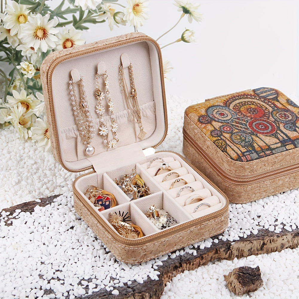 Vintage Pattern Square Jewelry Box Zipper Portable Organizer