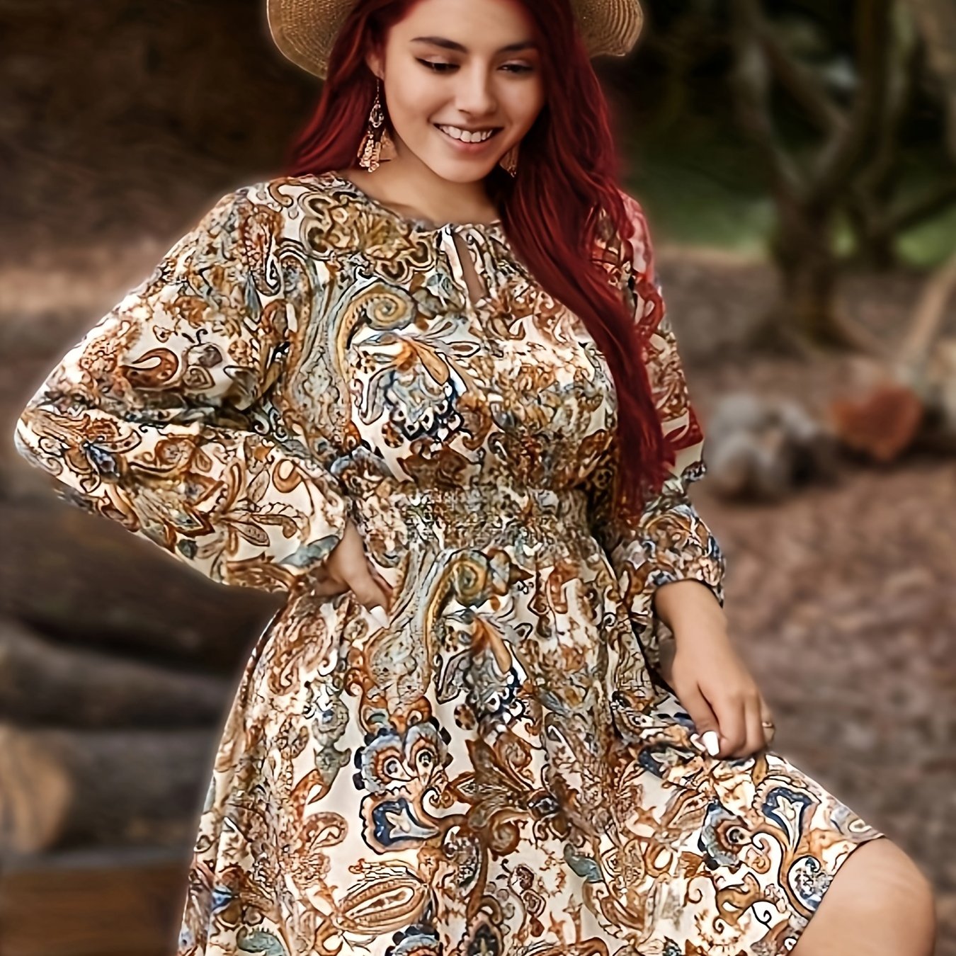 Plus Size Boho Paisley Print Round Neck Dress