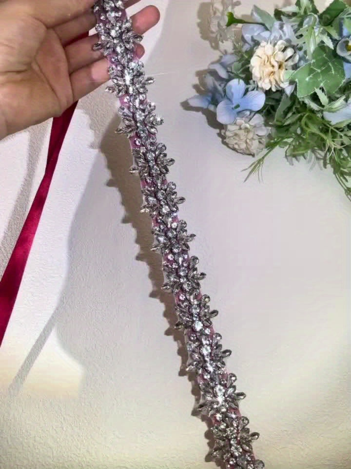 Rhinestone Bridal Sash Red Ribbon with Sparkling Floral