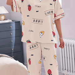 Strawberry Print Pajamas Set Short Sleeve Crew Neck Top & Crop Pants
