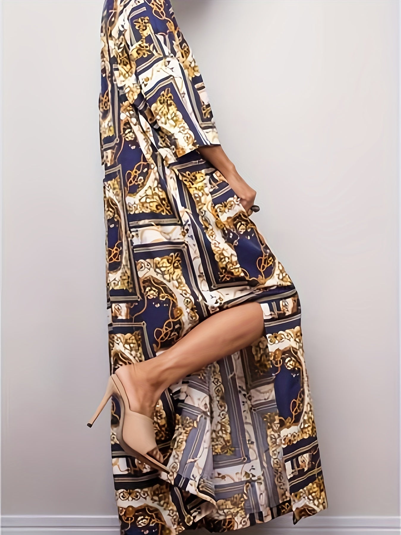 Retro Kaftan Dress Three Quarter Sleeve V Neck Baroque Print