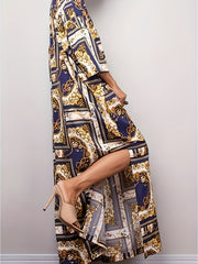 Retro Kaftan Dress Three Quarter Sleeve V Neck Baroque Print