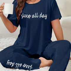 Slogan Print Tee & Pants Pajama Set