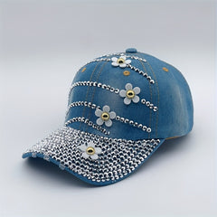 Rhinestone Flower Decor Baseball Cap Washed Distressed Denim Sun Hat