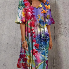 Floral Print Bell Sleeve Plus Size Dress