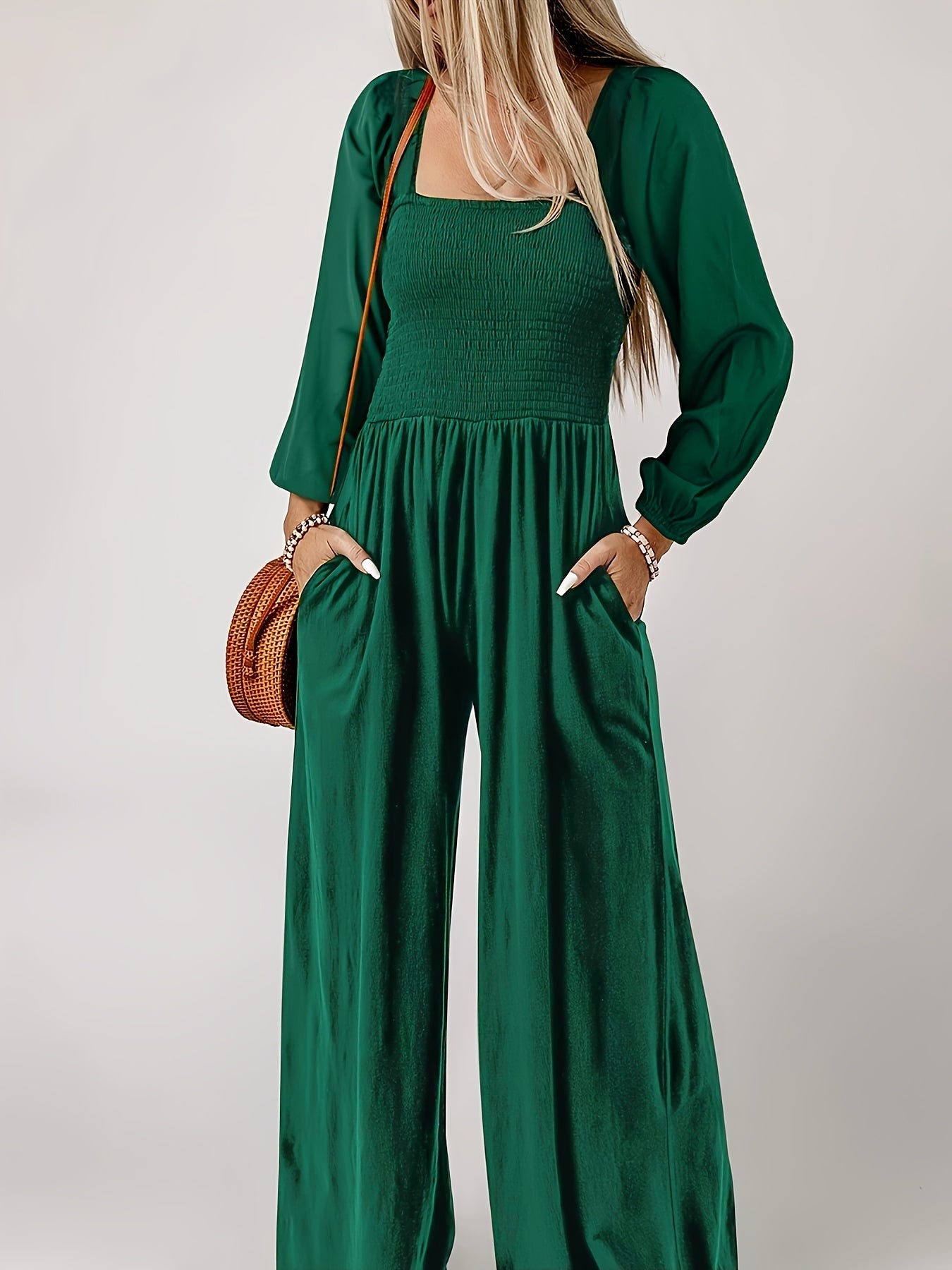 Solid Shirred Long Sleeve Wide Leg Jumpsuit