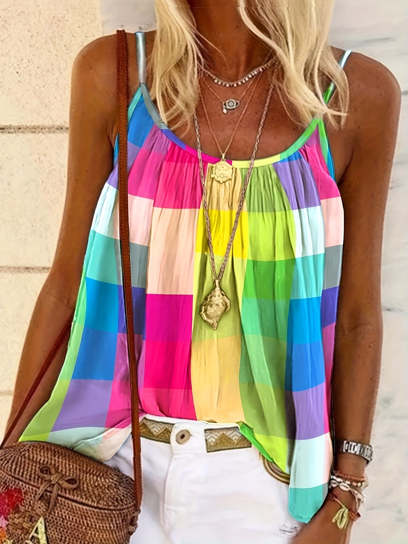 Women's Plus Colorful Grid Print Cami Top