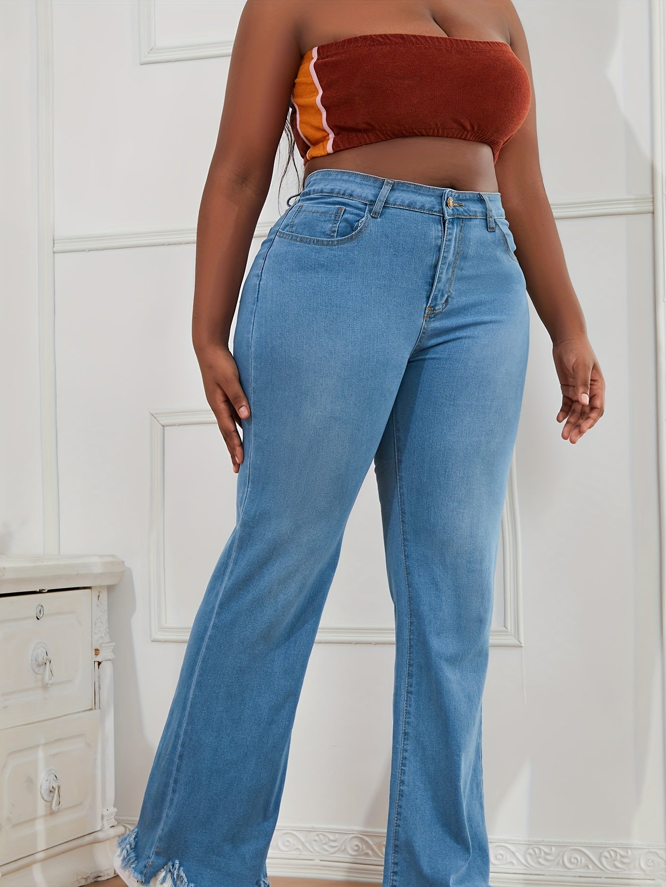 Washed High Rise Fringe Flare Jeans