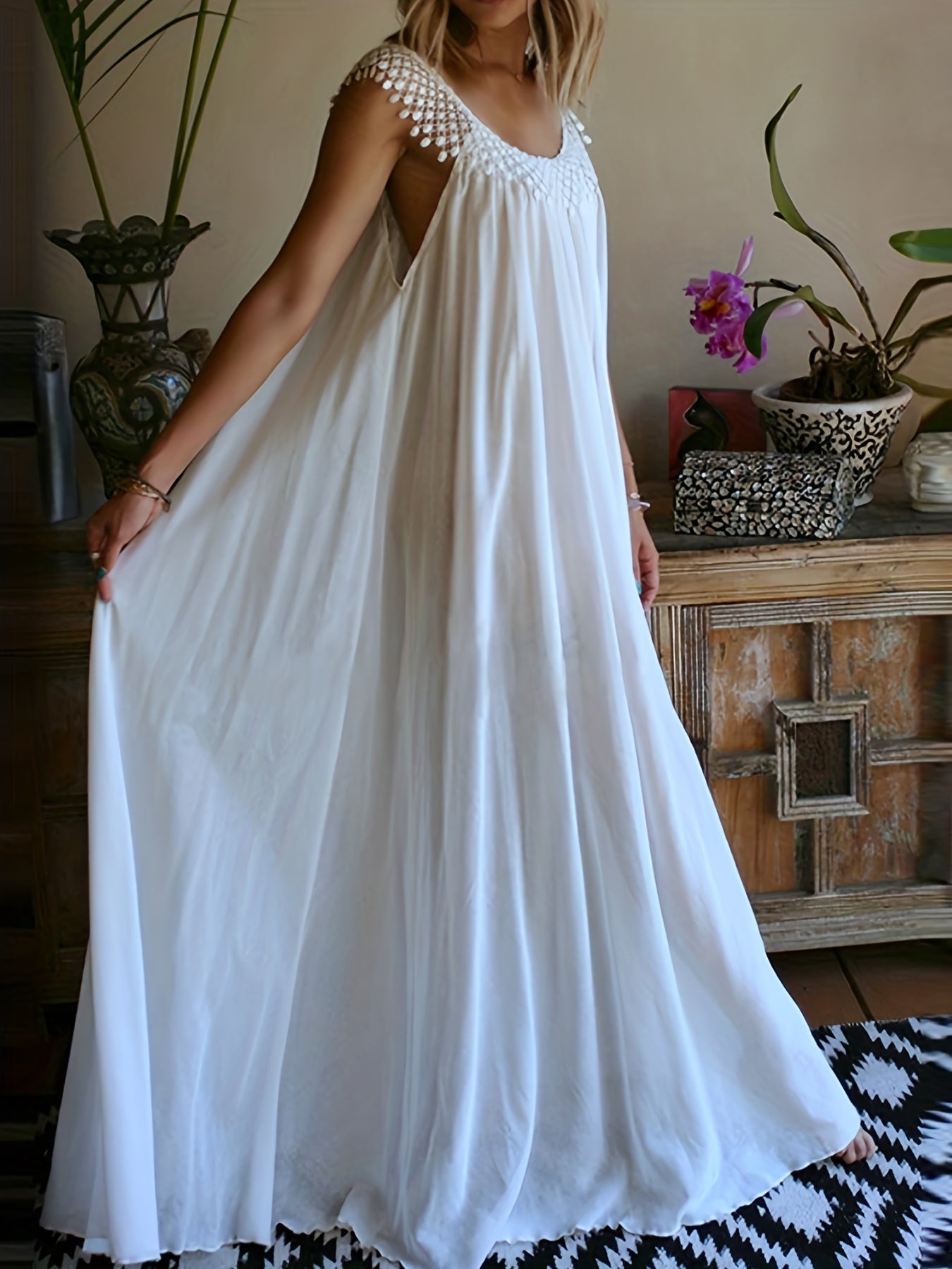 Boho Dress Women's Plus Lace Round Neck Loose Fit Dress