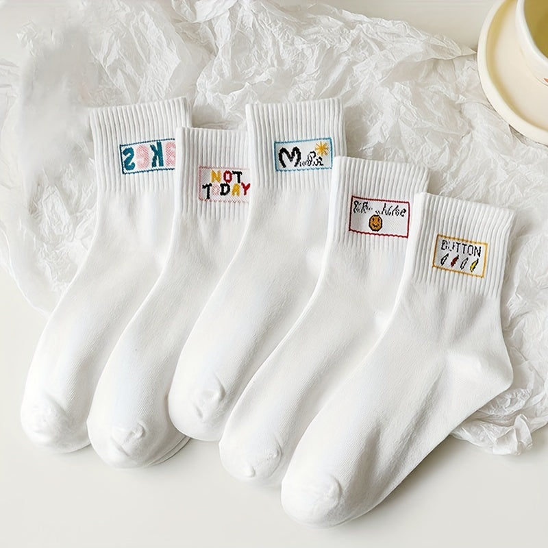 5 Pairs Letter Print Sports Socks Breathable Mid Tube Women's Stockings