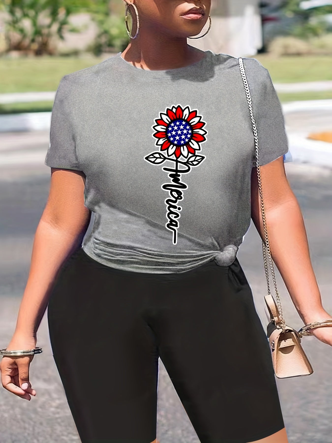 Women's Plus Flag + Sunflower Print Tee & Biker Shorts Set