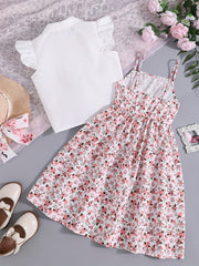 Girls 2pcs Skirt Set Twist Knot Shirt & Cami Dress Summer Clothes