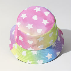 Gradient Pink Bucket Hat Star Heart Print Lightweight Sunscreen Fisherman Cap
