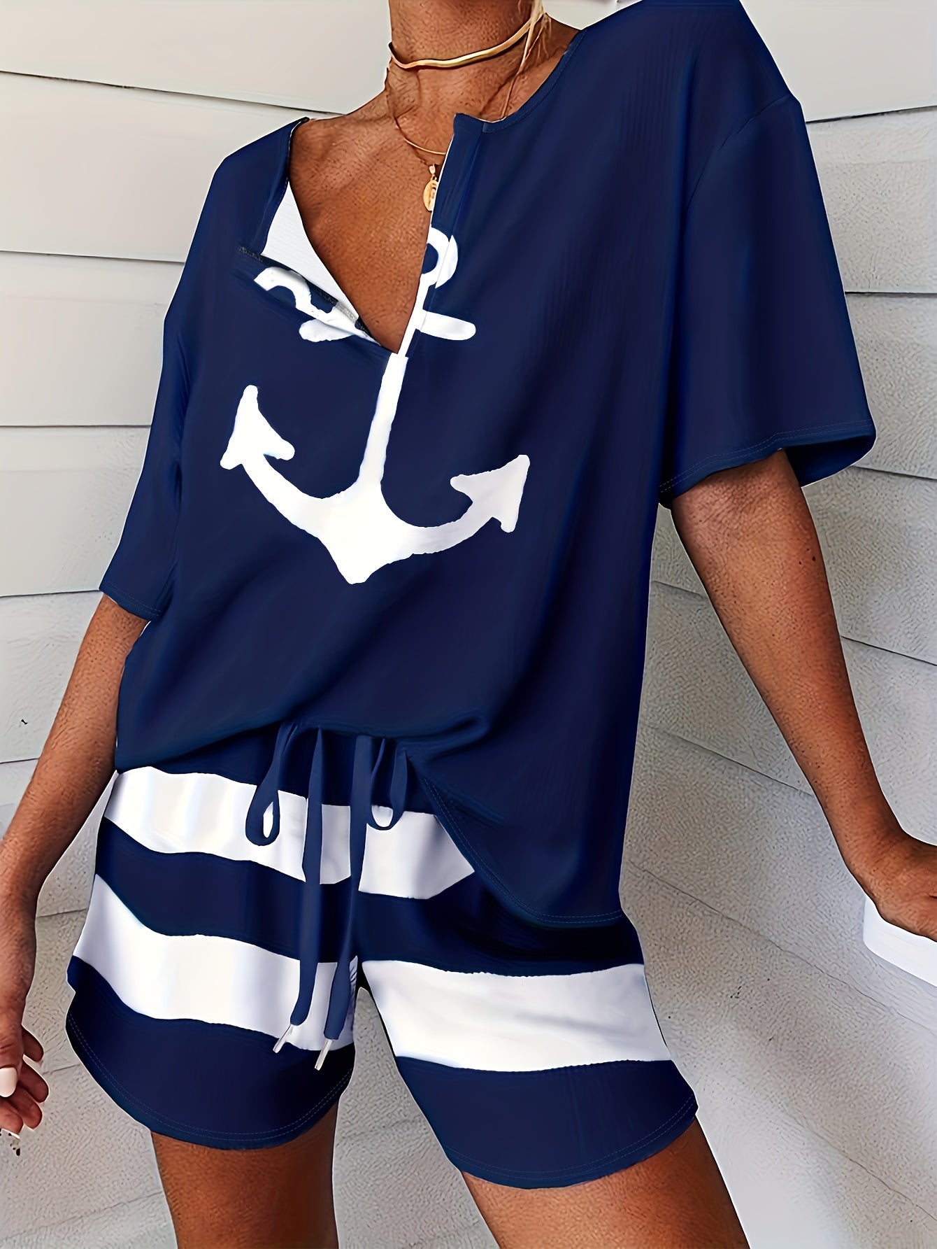 Striped Print Lounge Set V Neck Short Sleeve Top & Lace Up Shorts