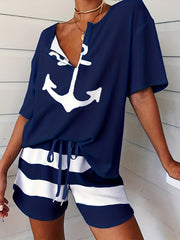 Striped Print Lounge Set V Neck Short Sleeve Top & Lace Up Shorts