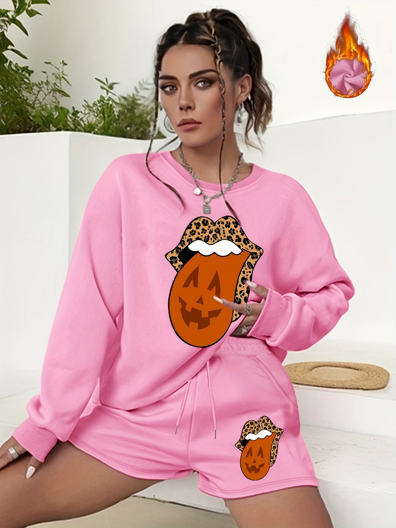 Halloween 2pcs Set Graphic Print Sweatshirt & Shorts Outfits