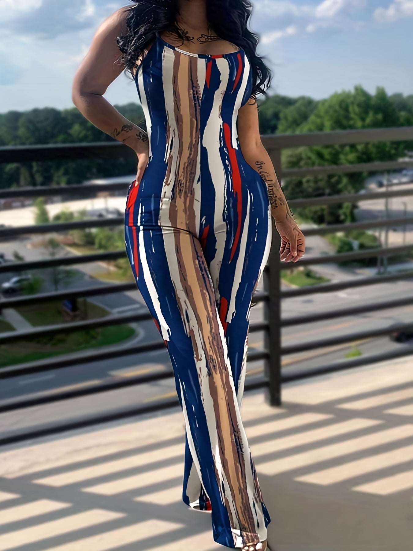 Colorful Stripe Print Round Neck Cami Jumpsuit