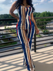 Colorful Stripe Print Round Neck Cami Jumpsuit