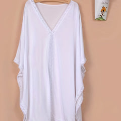 V Neck Cover Up Tops Loose Fit Solid Contrast Trim Beachwear