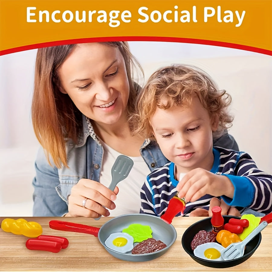 Kids Pretend Play Kitchen Toy Set with Frying Pan, Pot, Food & Accessories