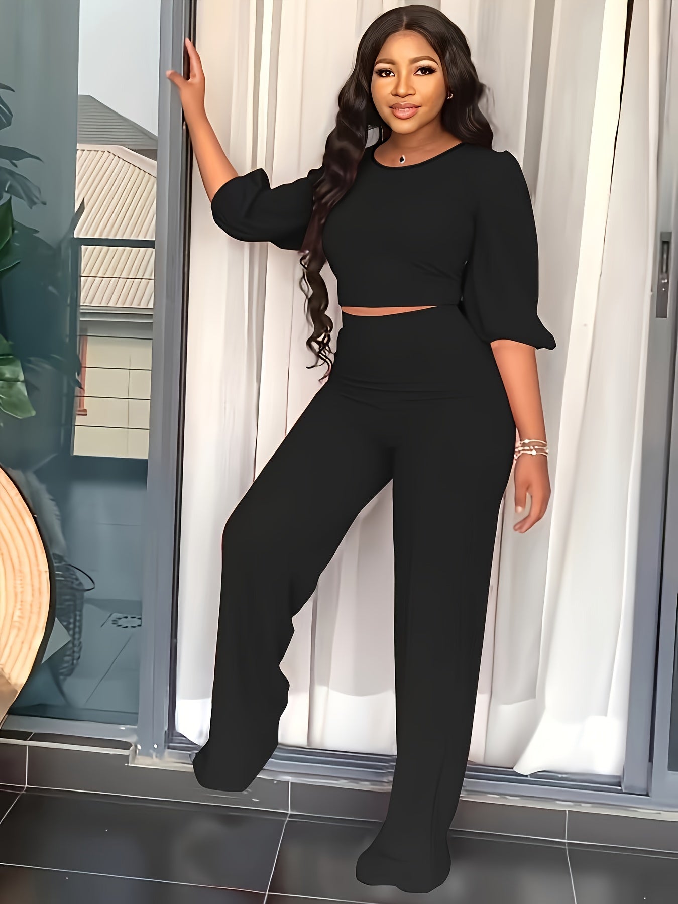 Solid Half Puff Sleeve Crop Top & High Rise Straight Leg Pants Set