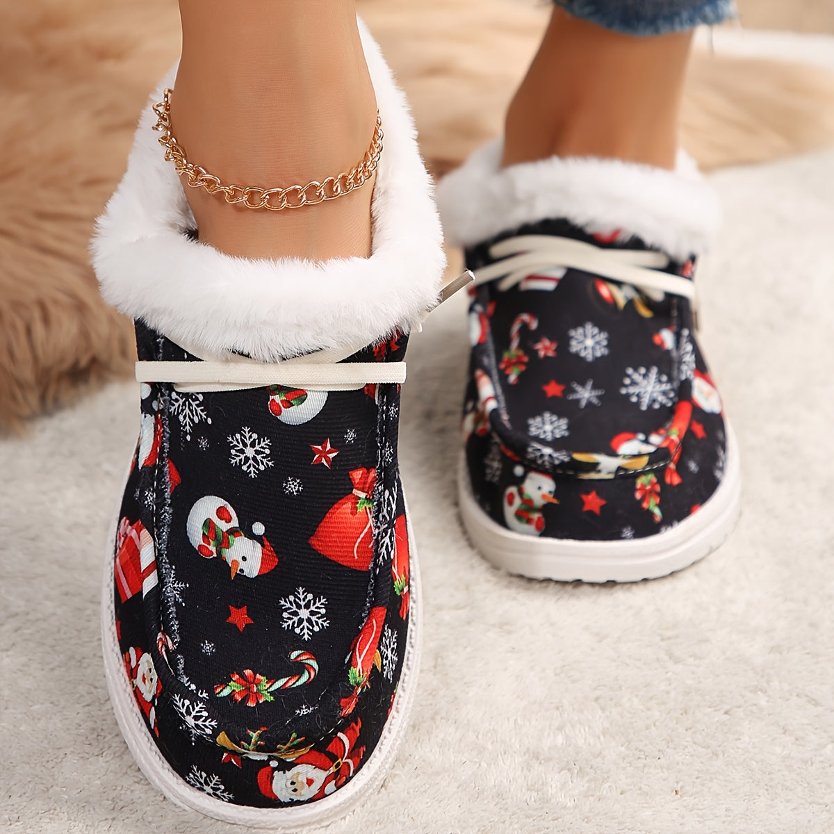 Christmas Snowman & Santa Claus Pattern Warm Snow Shoes Women's Footwear