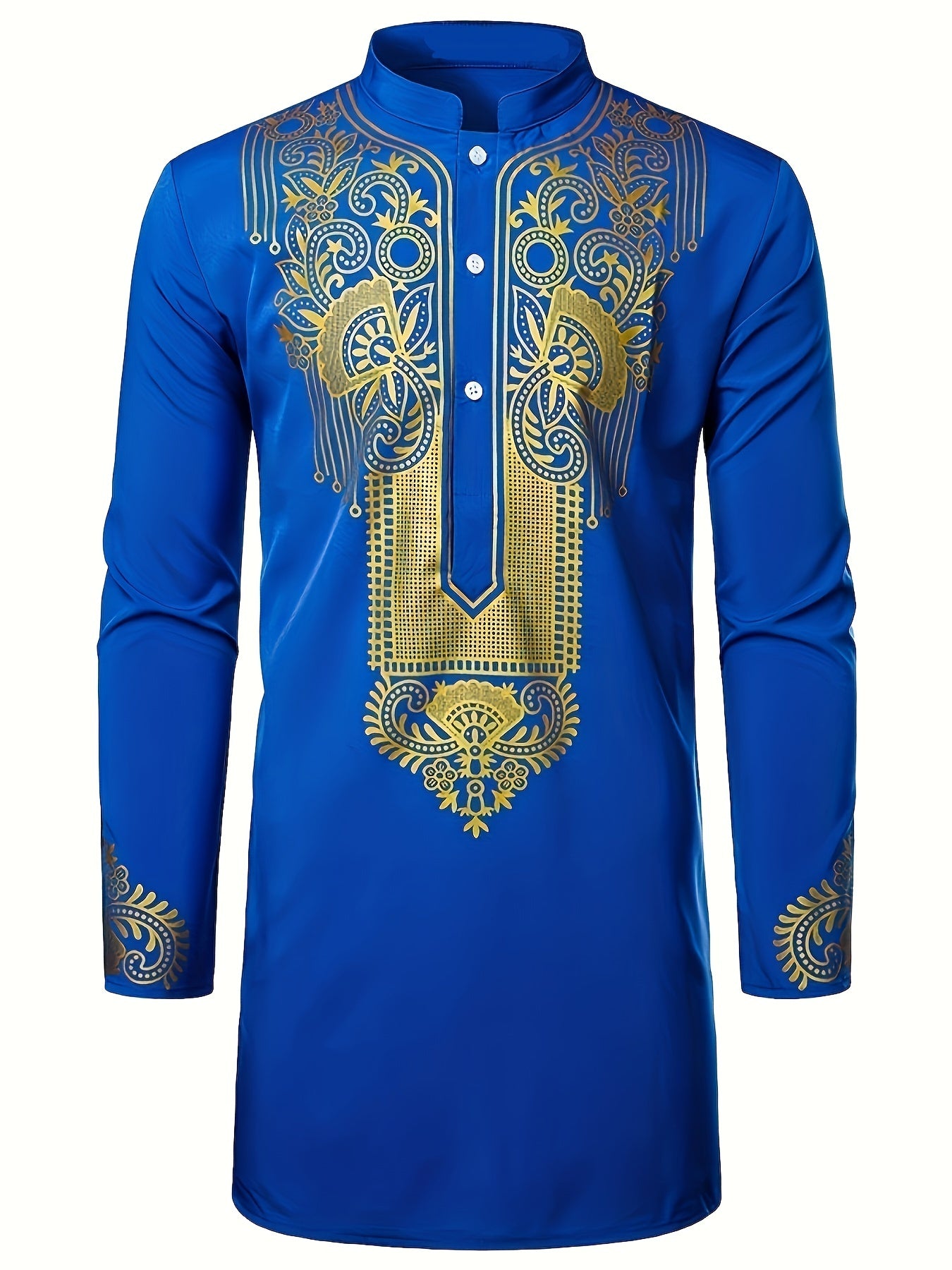 Men's Dashiki Shirt African Clothes Metallic Golden Print Long Sleeve