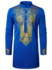 Men's Dashiki Shirt African Clothes Metallic Golden Print Long Sleeve