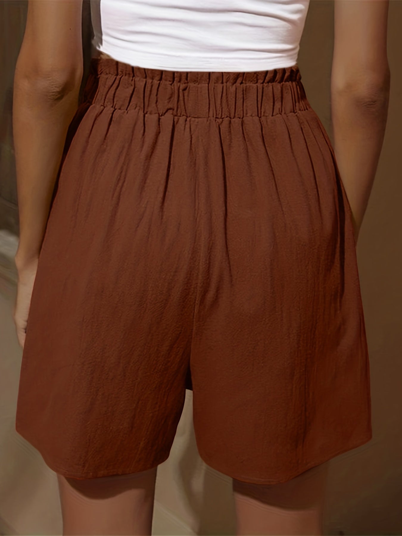 Boho Smocked Shorts Elastic High Waist Ruffle Trim with Pockets