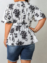 Plus Floral Print Short Sleeve Top With Belt